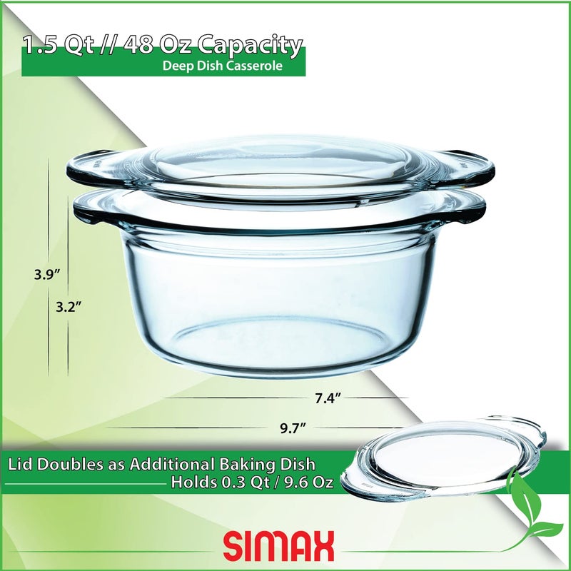 Simax Casserole Dish with Lid, Glass Casserole Dish, Holds 48 Oz (1.5 Quarts), Oven to Table Serving Dish, Microwave, Dishwasher, and Oven Safe Cookware - Image 3